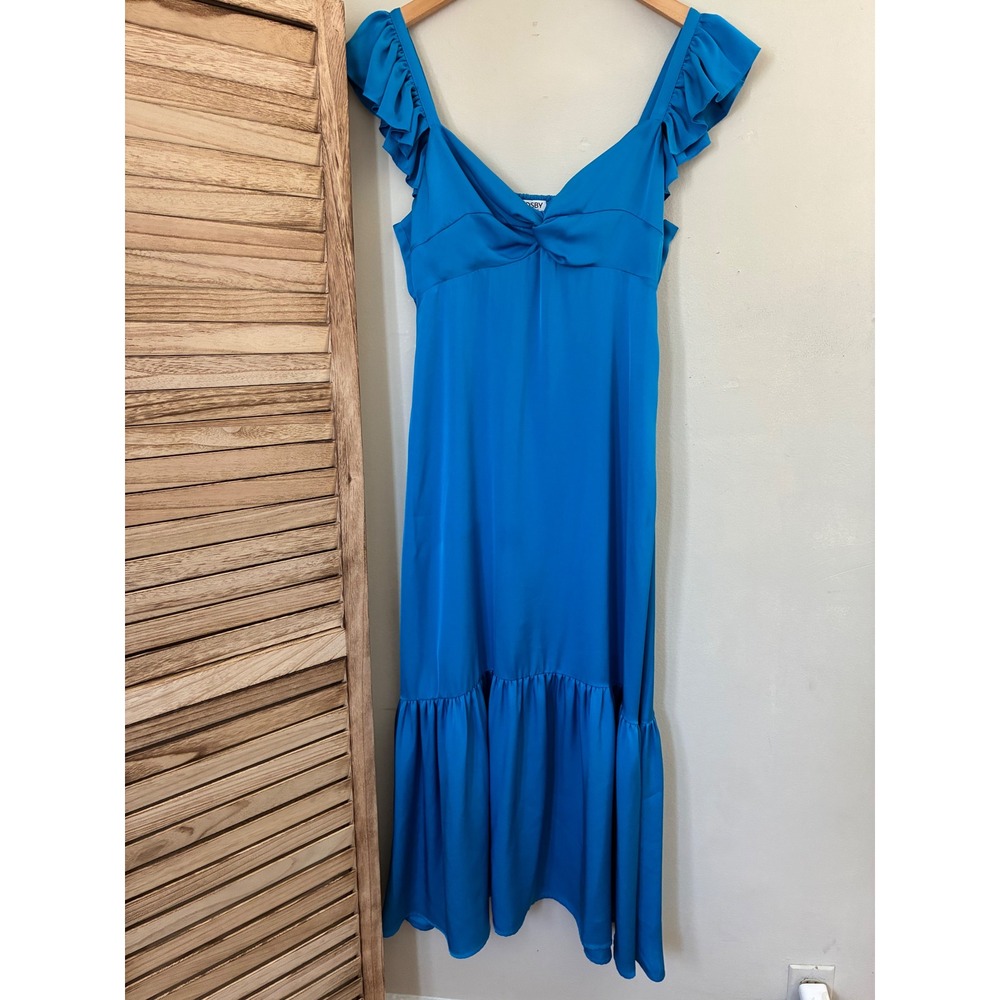Crosby by Mollie Burch Blue Ruffle Sleeve Twist Front Midi Dress Size 8